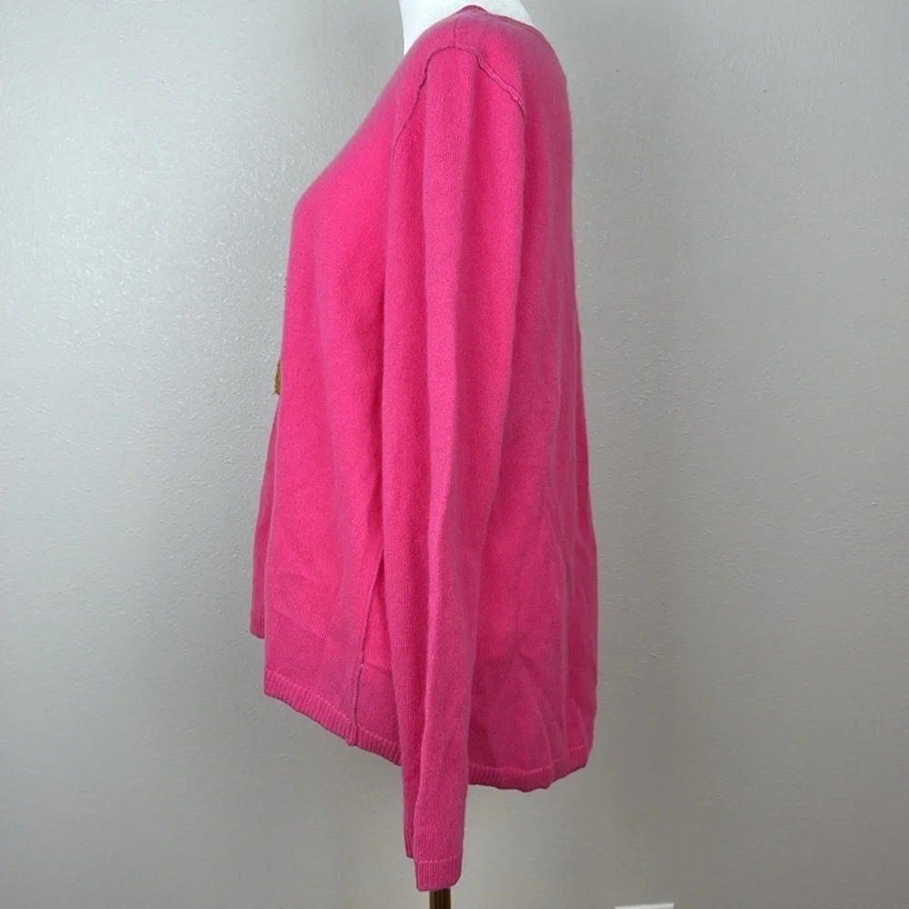 Lisa Todd Teddy Bear Graphic Intarsia Cashmere Sweater – Bright Pink – Size XL